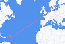 Lennot Antiguasta, Antiguasta ja Barbudasta Kalmariin, Ruotsiin