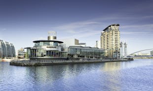 Photo of panoramic aerial view of Salford Quays, Manchester, UK.