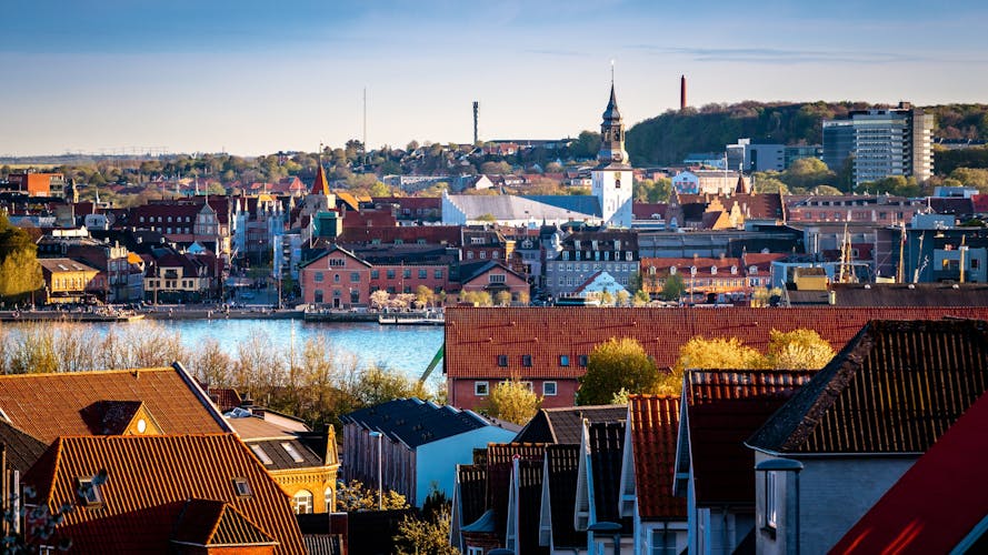 View of central Aalborg and waterfront, Denmark.