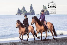 Excursão a cavalo na praia de areia preta saindo de Vik