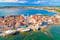 Photo of aerial view of town of Umag historic coastline architecture , archipelago of Istria region, Croatia.