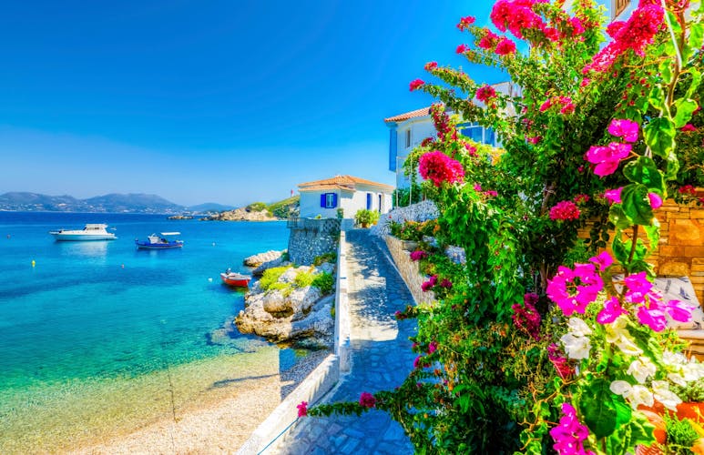 Photo of Kokkari Village beach view. Kokkari Village is populer tourist destination in Samos Island.