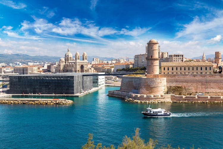 Photo of Saint Jean Castle and Cathedral de la Major and the Vieux port in Marseille, France.