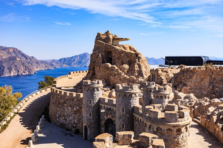 Tourist site. Battery de Castillitos in Spain Cartagena, Cabo Tinoso. Military cannon for coast defense, naval gun batteries. Guns of Mazarron.