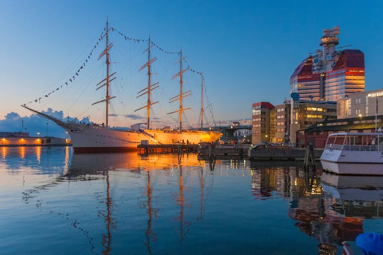 Tradional sailing vessel at sunset in the harbour of Gothenburg, Sweden.