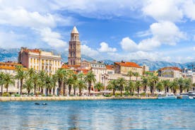 Photo of aerial view of Stobrec popular touristic destination on Adriatic sea, suburb of city of Split, Croatia.