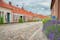 Photo of Simrishamn cobbled street with purple lavender flowers by a row old town houses in the Swedish Osterlen region. Popular touristic location, historical fishermen village in Sweden.