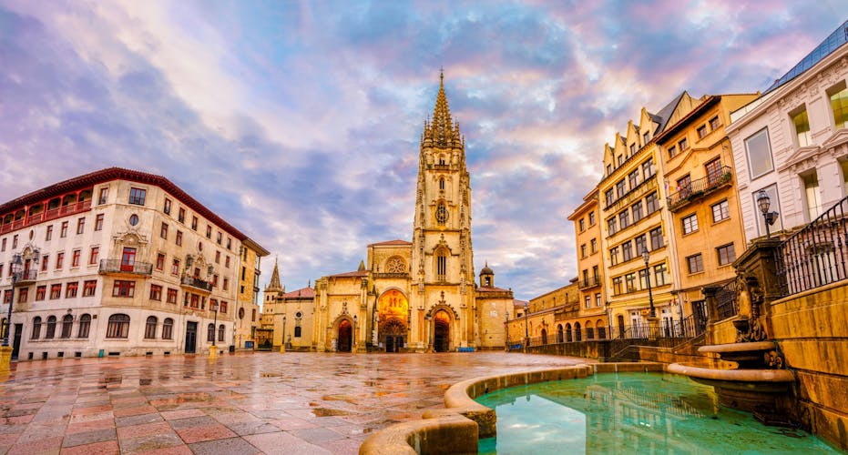 photo of view of The Cathedral of Oviedo, Spain, was founded by King Fruela I of Asturias in 781 AD and is located in the Alfonso II square., Oviedo, Spain.