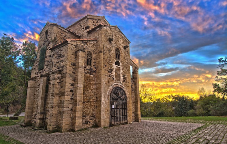 photo of view of The church of Santa Maria del Naranco was originally the royal hall (aula regia) of the palace of King Ramiro. Oviedo, Spain.