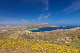 Photo of aerial view of the beautiful beach of Agios Ioannis Diakoftis on the island of Mykonos, Greece.