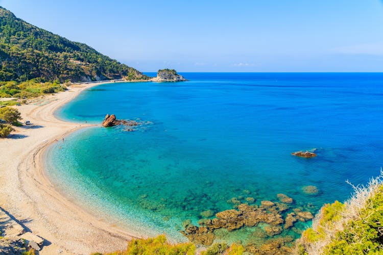 Photo of Potami beach with azure sea water, Samos island, Greece.