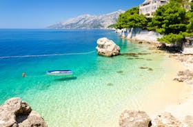 Photo of aerial view of gorgeous azure scene of summer Croatian landscape in Podgora, Dalmatia, Croatia.