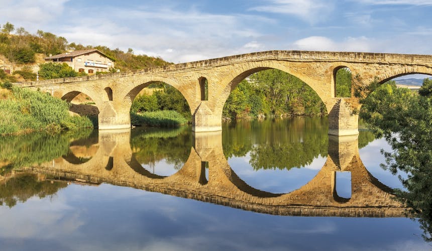 Photo of romanesque bridge over river Arga, Puente La Reina, Road to Santiago de Compostela, Navarre, Spain