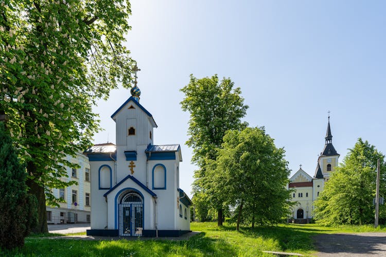 Photo of Orthodox and Catholic churches in Michalkovice district in Ostrava, the Czech Republic.