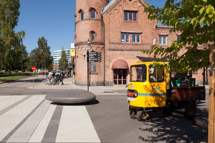  Street view of strolling people in the civic center in Umea, Sweden. 