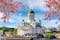 Photo of Helsinki Cathedral over city center in spring, Finland.