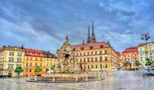 Photo of aerial view on Mikulov town in Czech Republic with Castle and bell tower of Saint Wenceslas Church.