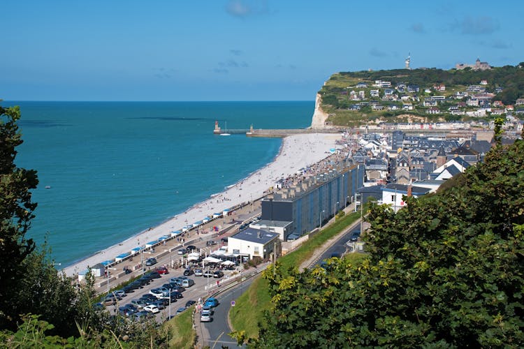 Fecamp, Seine-Maritime, Normandy, France. View of the beach with Cap Fagnet cliffs in the background