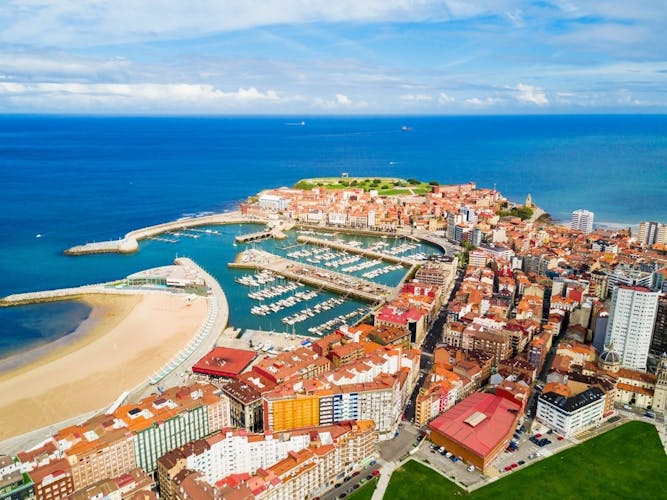 Gijon marina aerial panoramic view. Gijon is the largest city of Asturias in Spain.