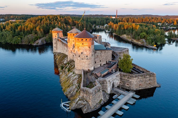 Aerial view of Olavinlinna castle, Savonlinna, Finland .