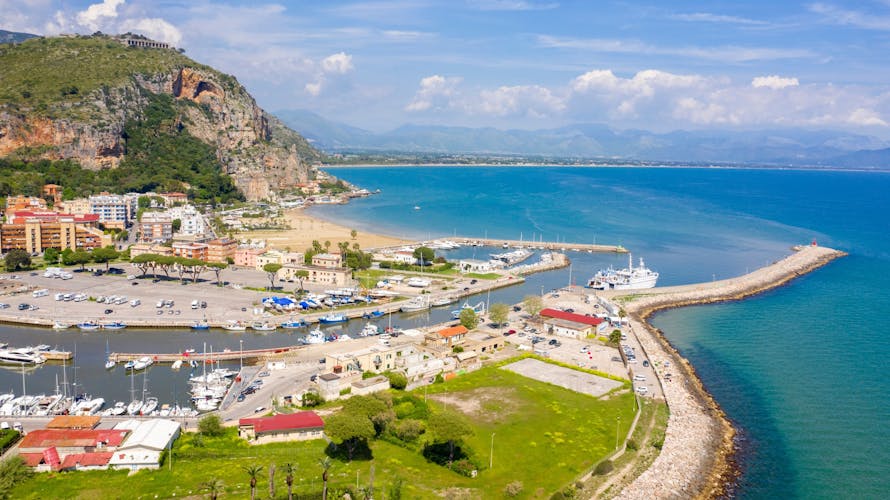 Aerial view of the port of Terracina, in the province of Latina, Italy. In background is the town of Terracina.