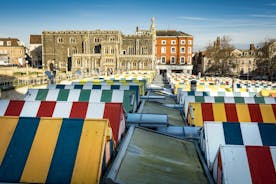 Photo of historic town houses at night on Quay Side in Norwich, Norfolk, United Kingdom.