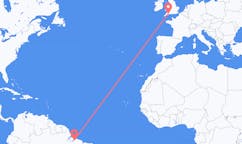 Flyg från Belém (kommun i Brasilien, Pará, lat -1,34, long -48,42), Brasilien till Exeter, England