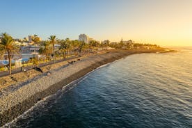 photo of aerial view of the beach and lagoon of Los Cristianos resort on Tenerife, Canary Islands, Spain.