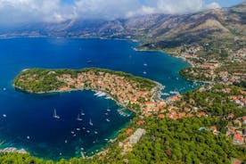 Photo of panoramic aerial view of the old town of Dubrovnik, Croatia seen from Bosanka viewpoint on the shores of the Adriatic Sea in the Mediterranean Sea.