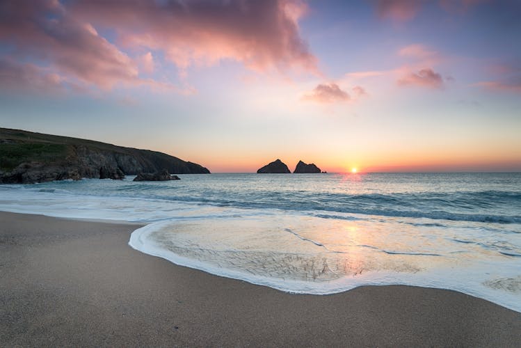 Photo of  sunset at Holywell Bay, a large sandy beach near Newquay in Cornwall.