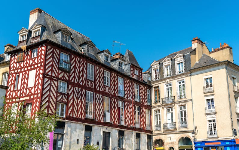 Photo of traditional half-timbered houses in the old town of Rennes - Brittany, France.