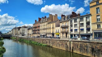 Photo of beautiful city Saint-Brieuc with ancient half-timbered houses, Brittany region, France.