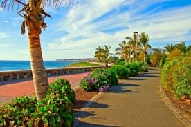 photo of landscape with Maspalomas town and golden sand dunes at sunrise, Gran Canaria, Canary Islands, Spain.