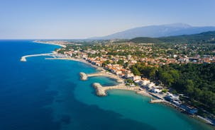 Photo of panoramic aerial view of Neos Panteleimonas beautiful town in south Pieria, Central Macedonia, Greece.