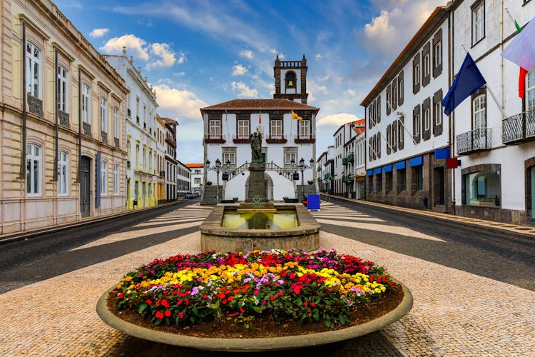 Photo of Ponta Delgada City Hall with a bell tower in the capital of the Azores, Portugal.
