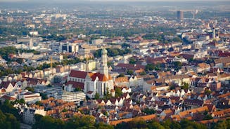 Aerial view on Marienplatz town hall and Frauenkirche in Munich, Germany.