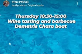 Degustación de vinos a bordo del barco Demetris Chara BBQ mientras visita la Laguna Azul