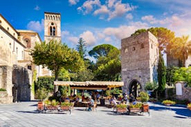 Photo of aerial morning view of Amalfi cityscape on coast line of Mediterranean sea, Italy.