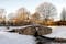 Photo of A small water stream coming under a scenic stone bridge in Westburn park, Aberdeen, Scotland .