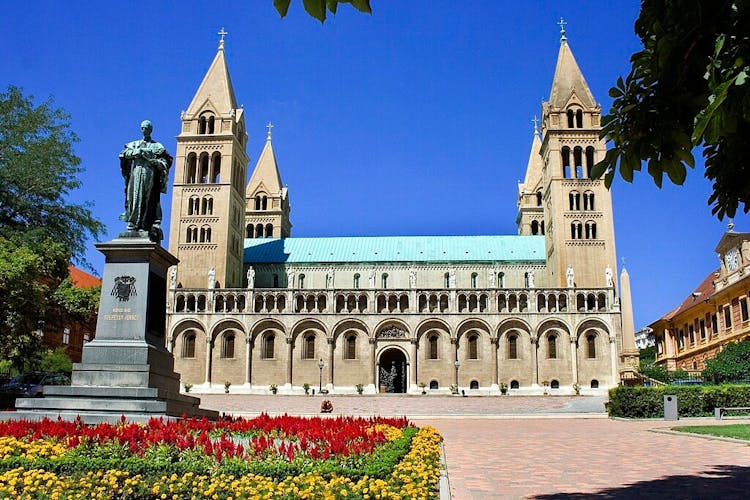 photo of view of Amazing cityscape about the Pecs city historical downtown and basilica in springtime. Unique medieval mood city. pecs, Hungary.