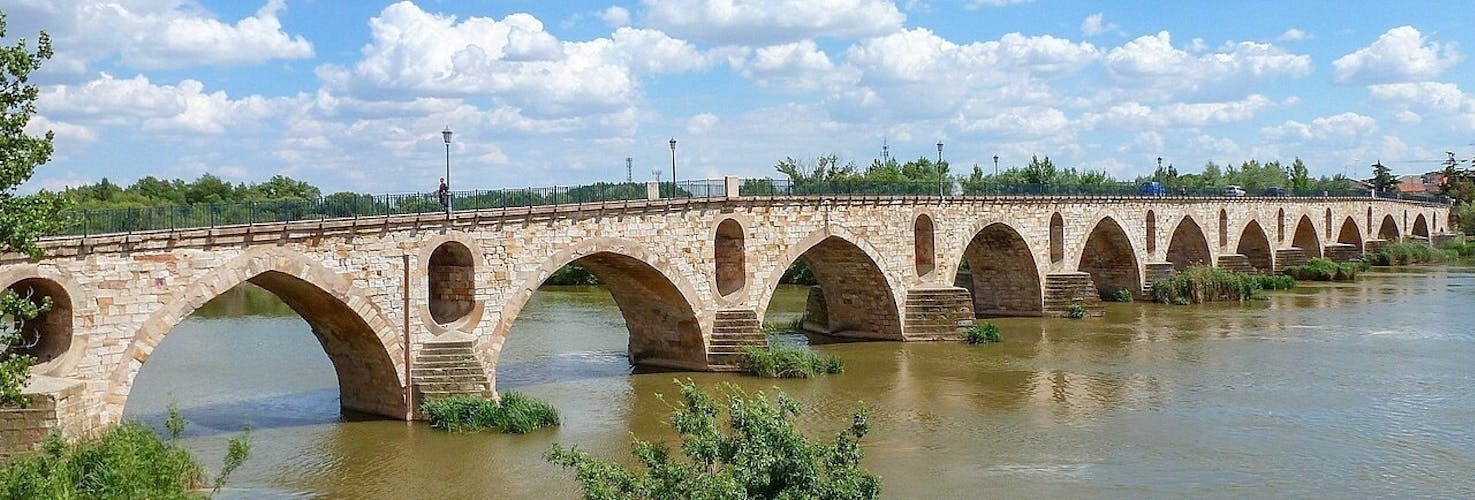 photo of vie of Zamora Puente de Piedra stone bridge on Duero river of Spain.