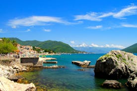 Photo of panoramic aerial view of old town of Budva, Montenegro.