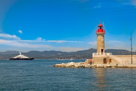 Photo of beautiful aerial view of Saint-Tropez, France with seascape and blue sky.