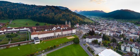 photo of an aerial view of Einsiedeln Abbey in Einsiedeln, Switzerland.