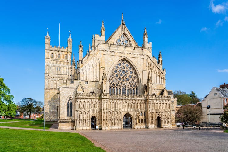 Photo of the grand Gothic style Cathedral at Exeter Devon, England UK.