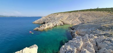 Photo of aerial view of Zaton tourist waterfront and Velebit mountain background, Dalmatia region of Croatia.