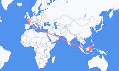 Flyg från Makassar, Indonesien till Lourdes (kommun i Brasilien, São Paulo, lat -20,94, long -50,24), Frankrike