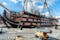 Photo of HMS Victory the Admiral Horatio Nelson's flagship at the Battle of Trafalgar in 1805 at Portsmouth Historic Dockyard, UK.