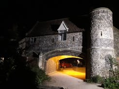 Photo of historic town houses at night on Quay Side in Norwich, Norfolk, United Kingdom.