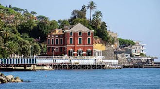 Photo of panoramic aerial view of town Rapallo in Liguria, Italy.